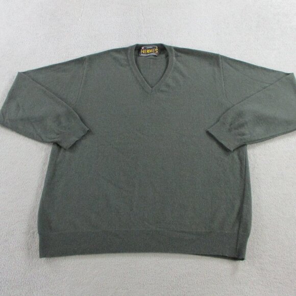 VINTAGE Hermes Sweater Adult Large Green Angora Lambswool Blend V Neck Jumper - Picture 1 of 9